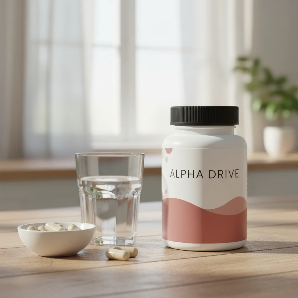 Alpha Drive flacon op houten keukentafel met glas water en verse bladeren
